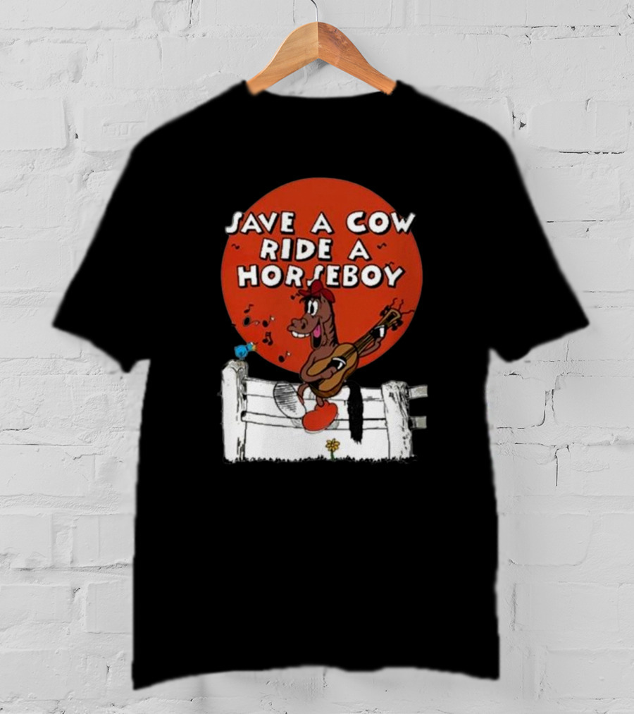 Save A Cow Ride A Horseboy Cartoon Horse Playing Guitar T-Shirt