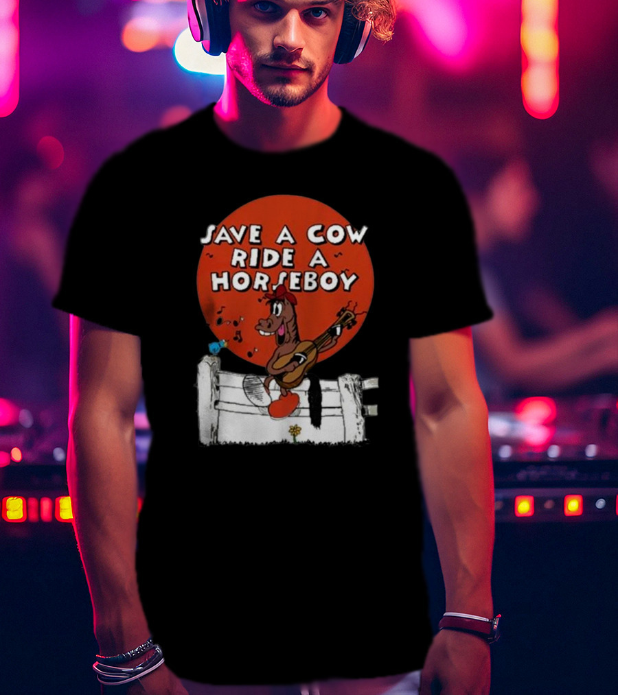 Save A Cow Ride A Horseboy Cartoon Horse Playing Guitar T-Shirt