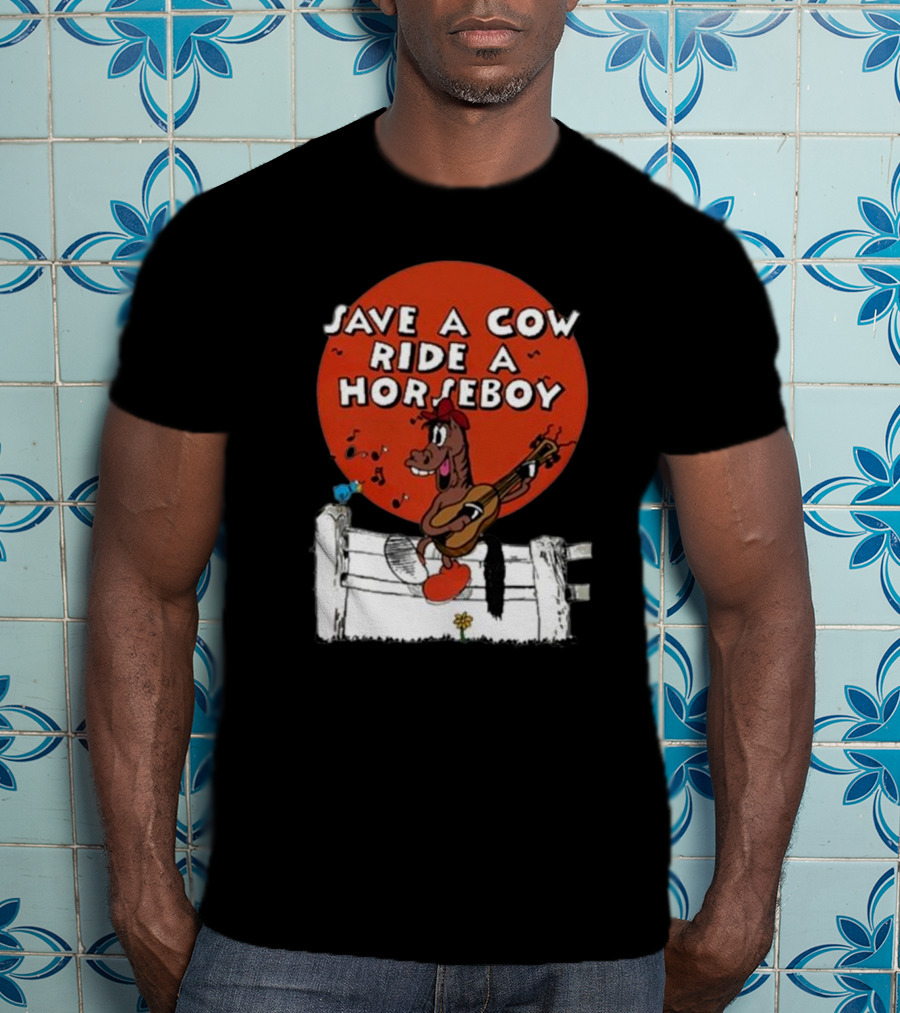 Save A Cow Ride A Horseboy Cartoon Horse Playing Guitar T-Shirt