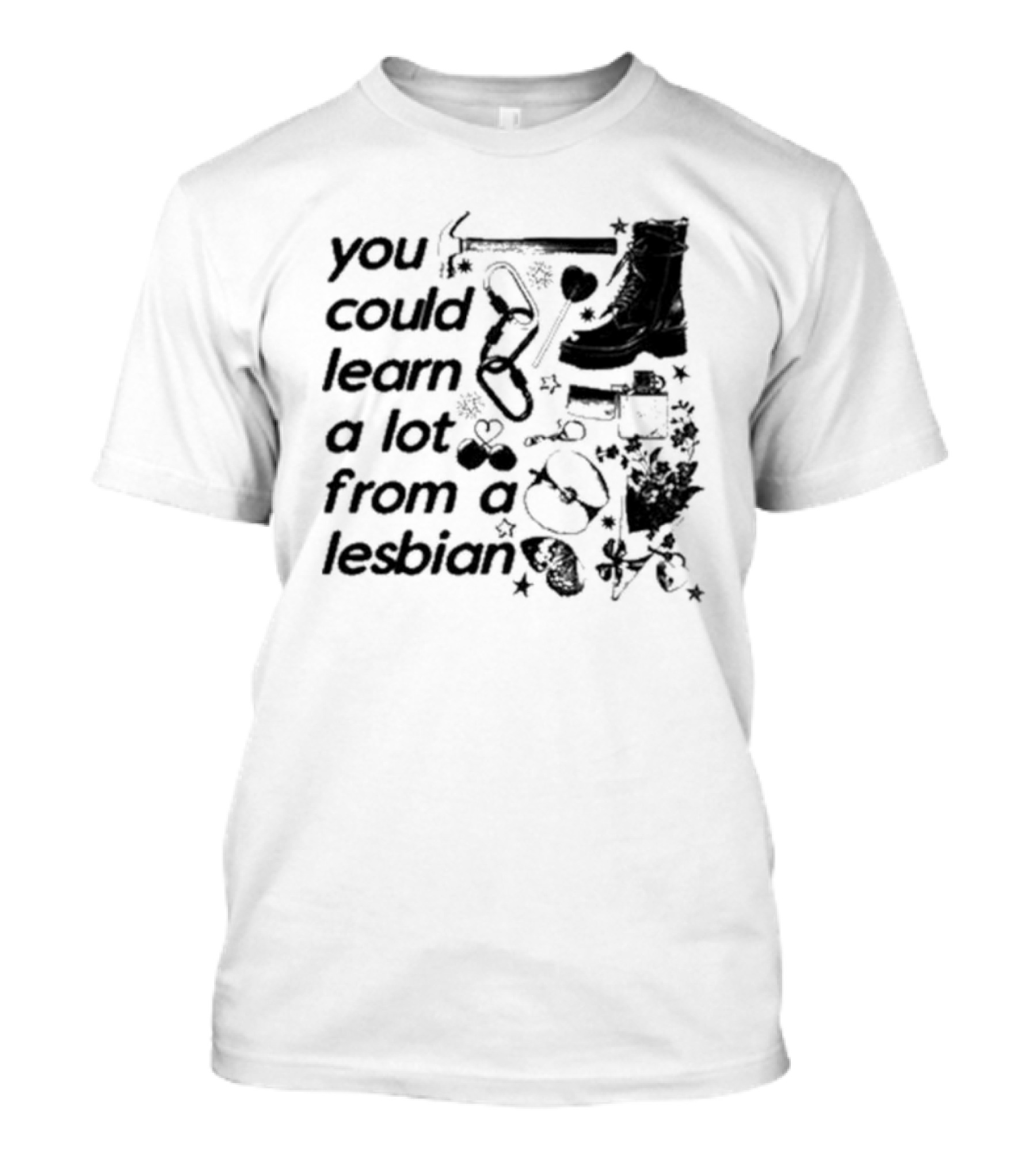 You Could Learn A Lot From A Lesbian Combat Boots Handcuffs Flowers Tools Heart Infinity Stars T-Shirt