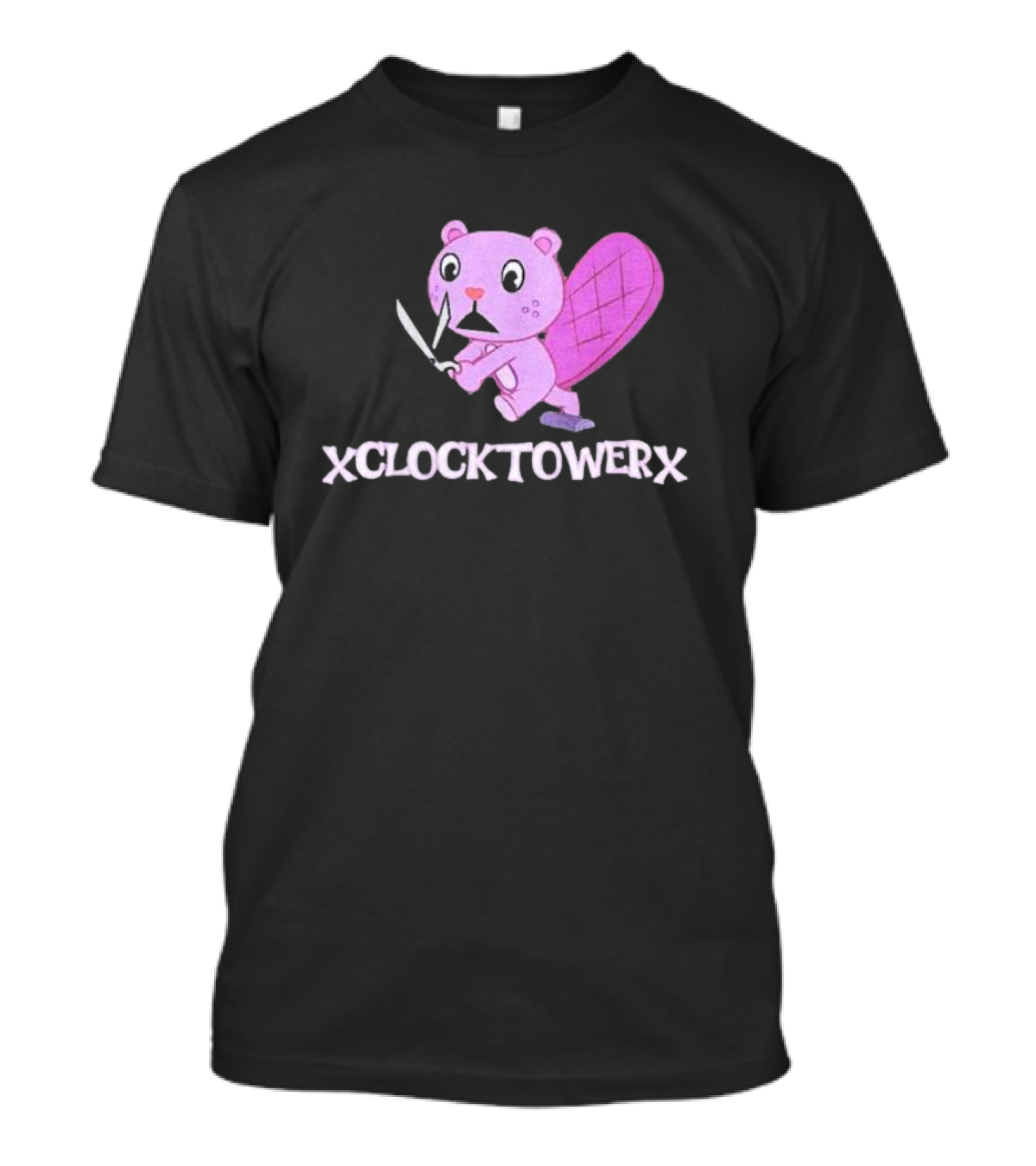 XCLOCKTOWERX Running With Scissors Pink Cartoon Beaver T-Shirt