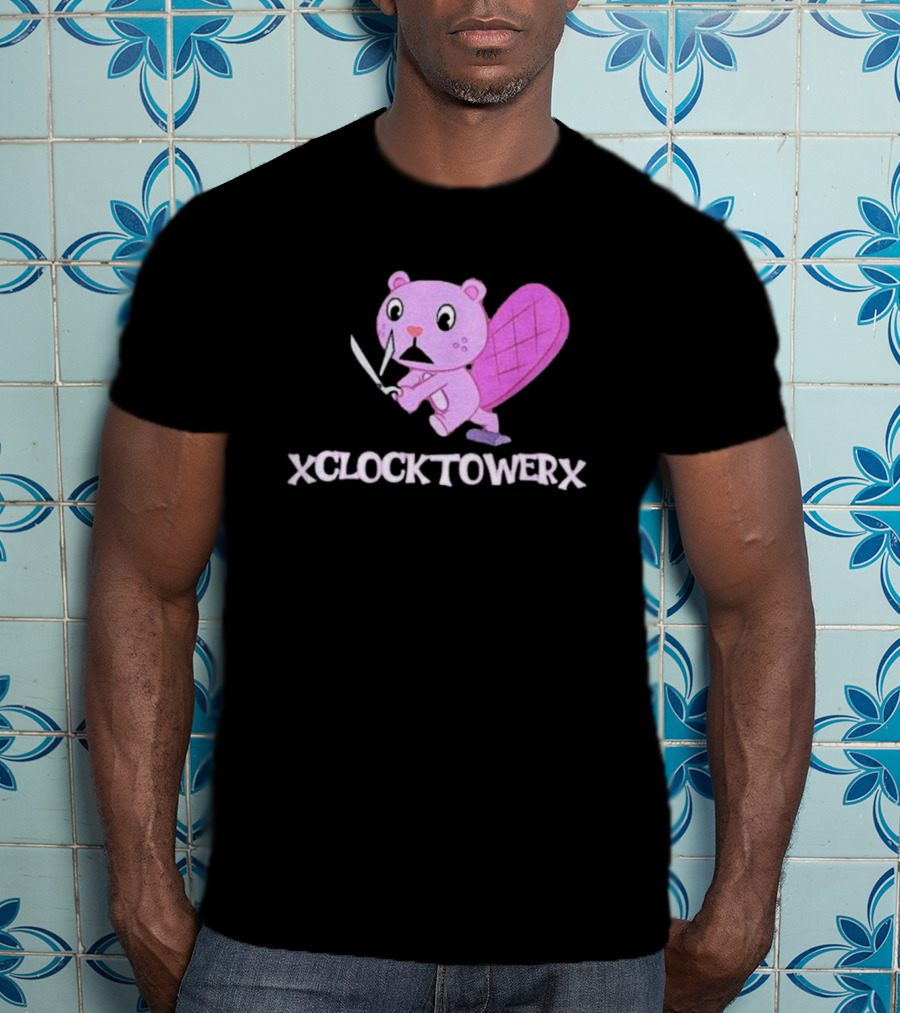 XCLOCKTOWERX Running With Scissors Pink Cartoon Beaver T-Shirt