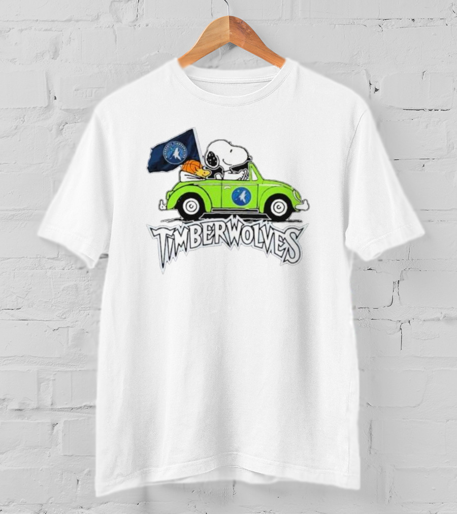 Minnesota Timberwolves Snoopy Forever Fan Driving Car With Timberwolves Flag T-Shirt