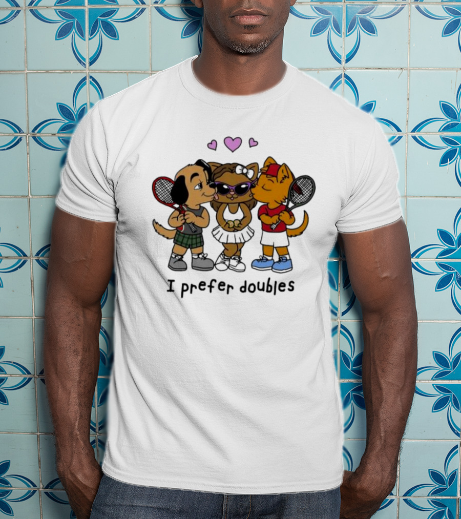 I Prefer Doubles Cute Animals With Tennis Rackets And Hearts T-Shirt