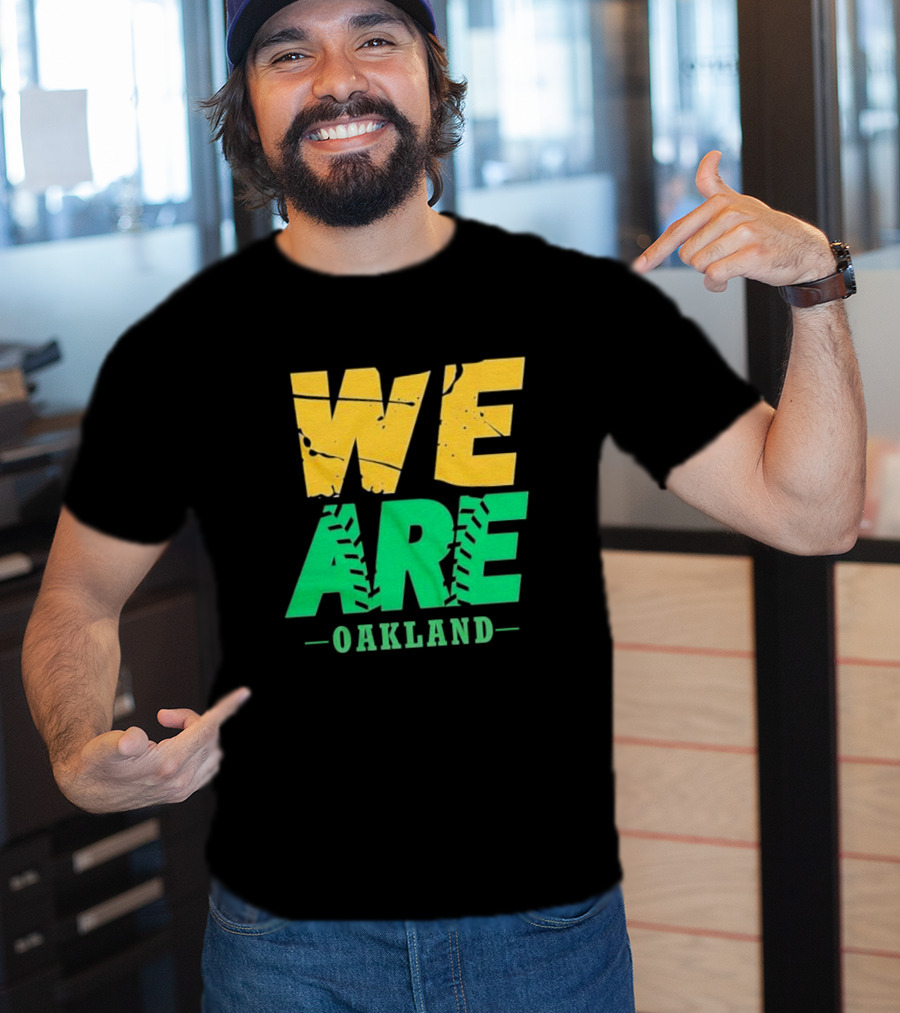 WE ARE OAKLAND Yellow Green Text Baseball Seam T-Shirt
