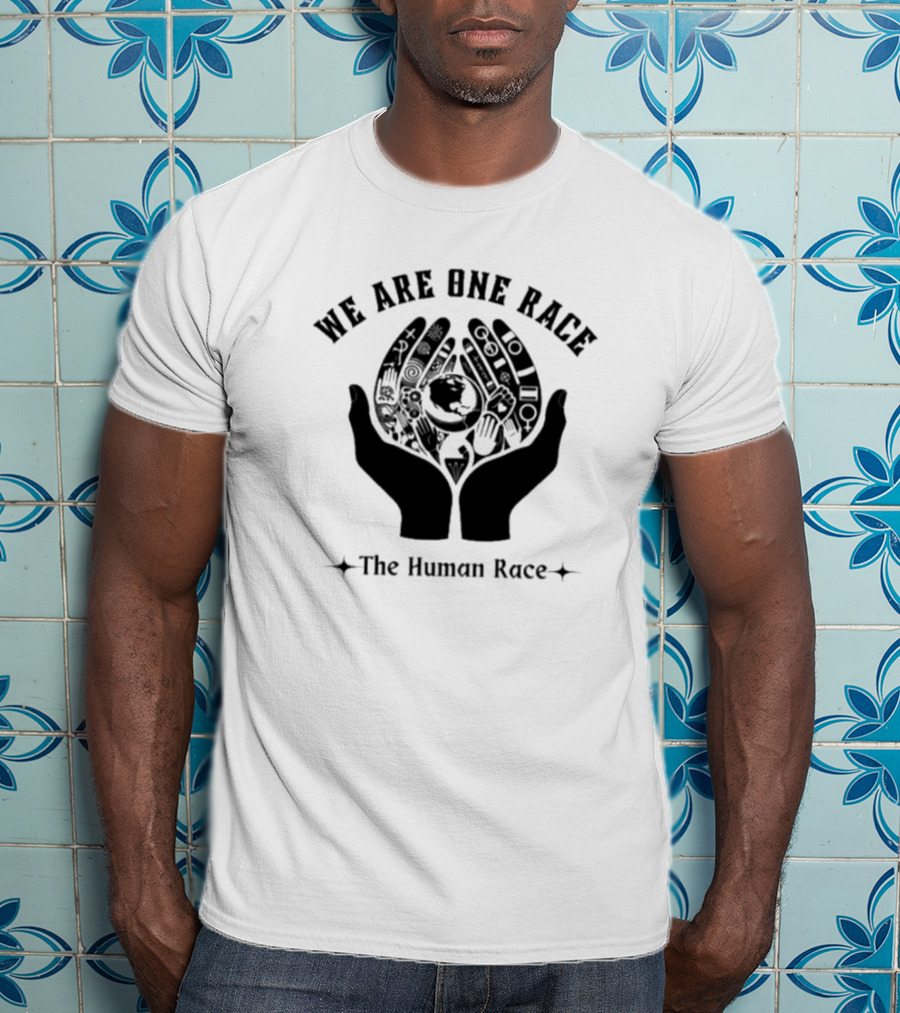 We Are One Race The Human Race Hands With Symbols And Earth T-Shirt