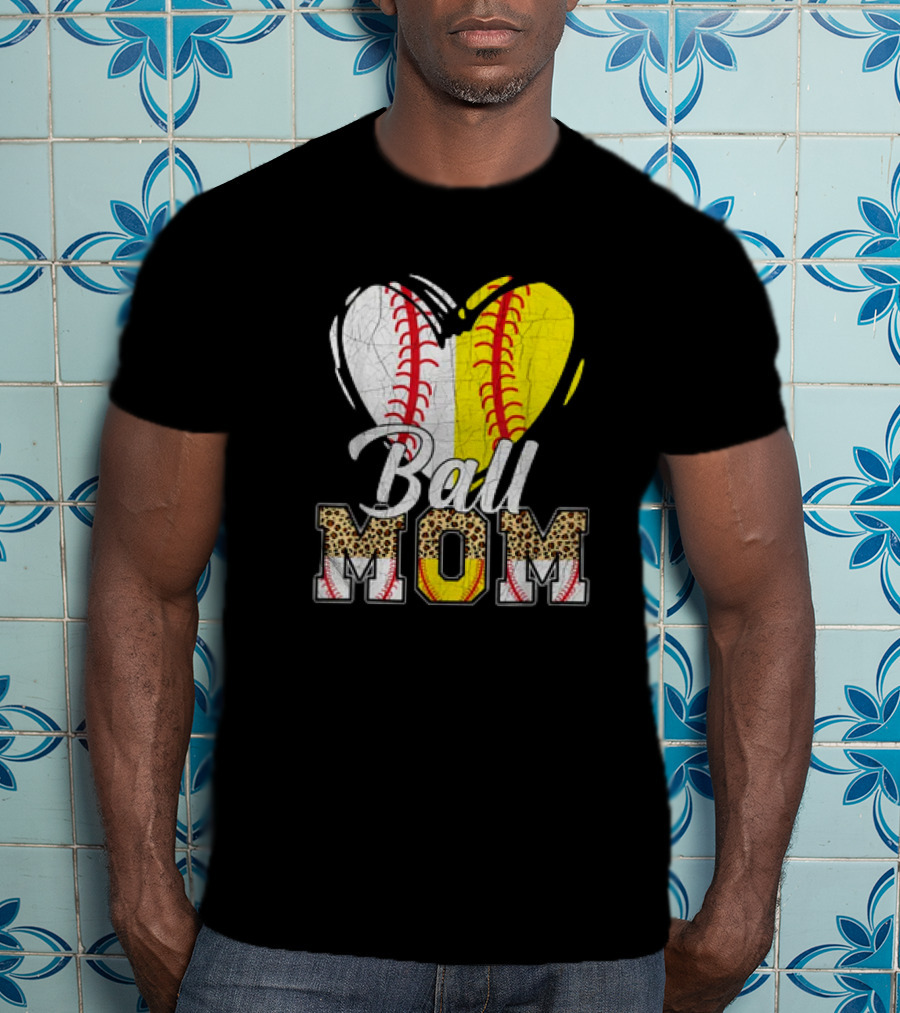 Ball Mom Heart Leopard Baseball Softball Vintage Women T-Shirt