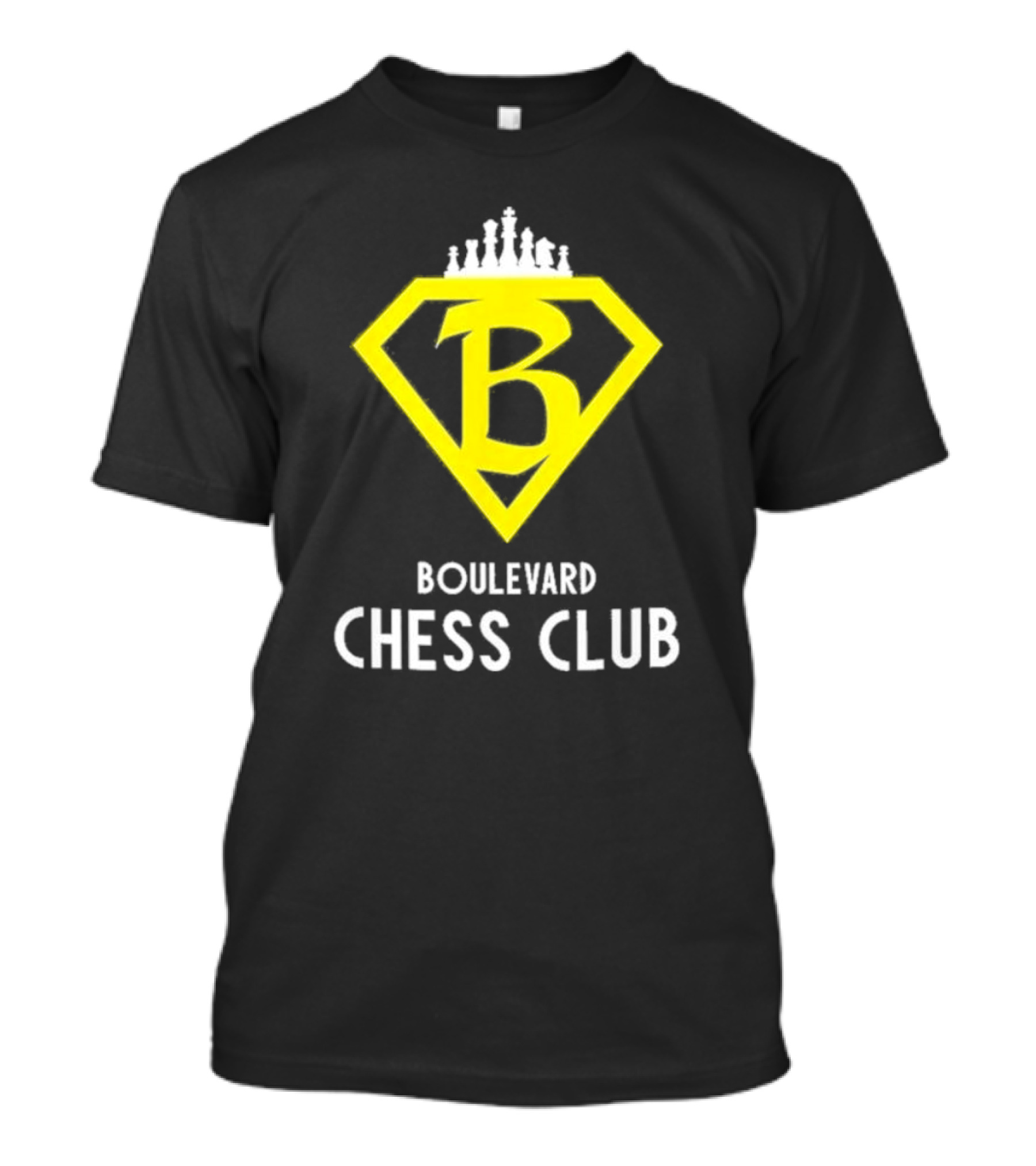 Boulevard Chess Club Logo With Yellow Diamond And Chess Pieces T-Shirt