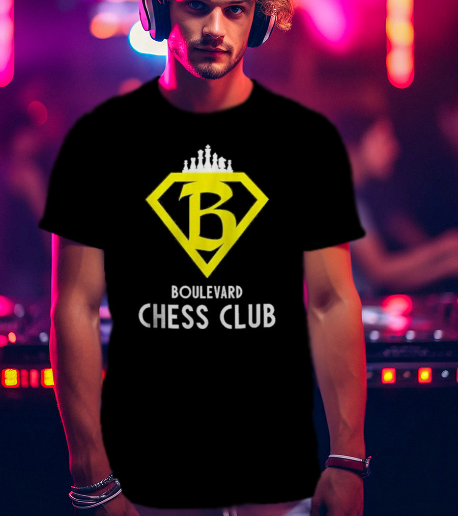 Boulevard Chess Club Logo With Yellow Diamond And Chess Pieces T-Shirt