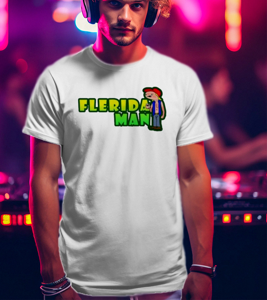 Flerida Man Beer Drinking Cartoon Character With Red Cap And Green Letters T-Shirt