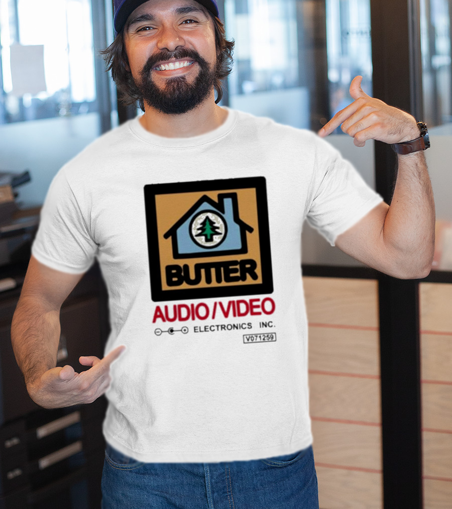 Tommyinnit Wearing Butter Audio Video Electronics Inc. House Symbol With Tree T-Shirt