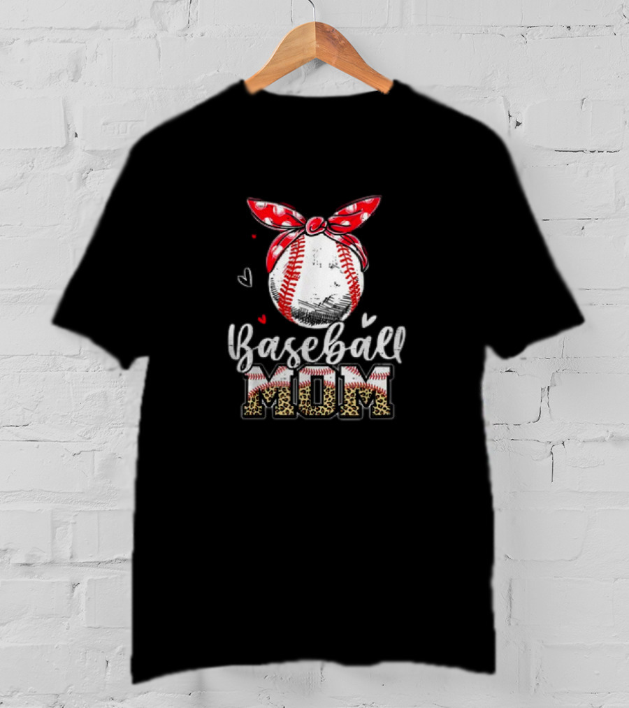 Leopard Baseball Mom Red Headband Baseball Ball Mother's Day Mama T-Shirt
