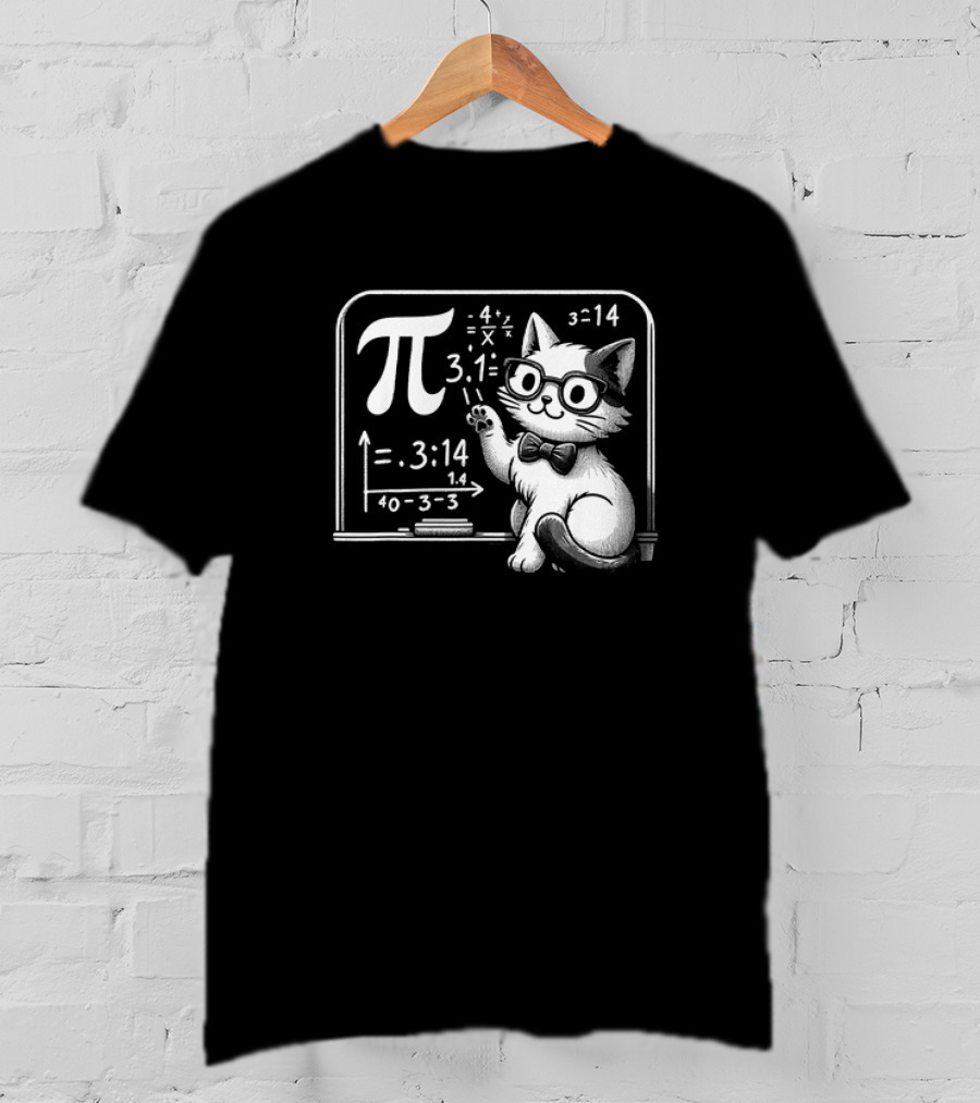 Pi 3.14 Cat With Glasses And Chalkboard Equations T-Shirt
