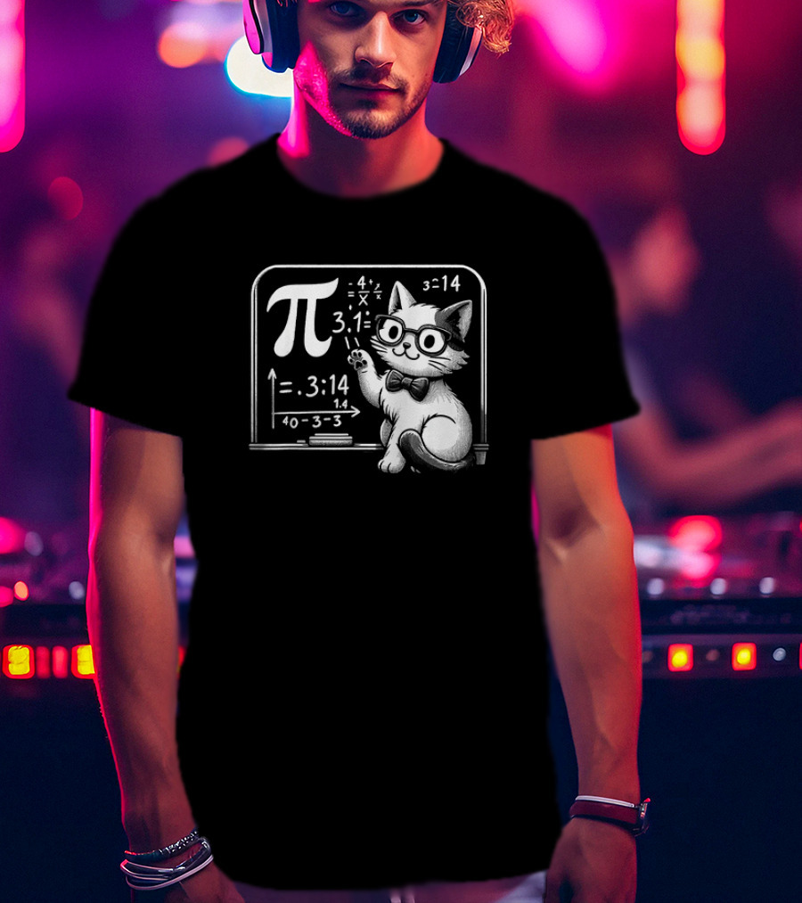 Pi 3.14 Cat With Glasses And Chalkboard Equations T-Shirt