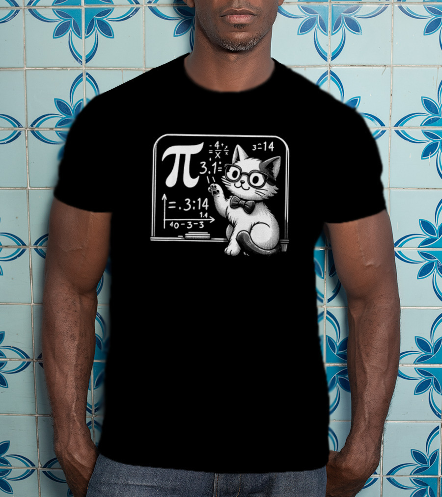 Pi 3.14 Cat With Glasses And Chalkboard Equations T-Shirt