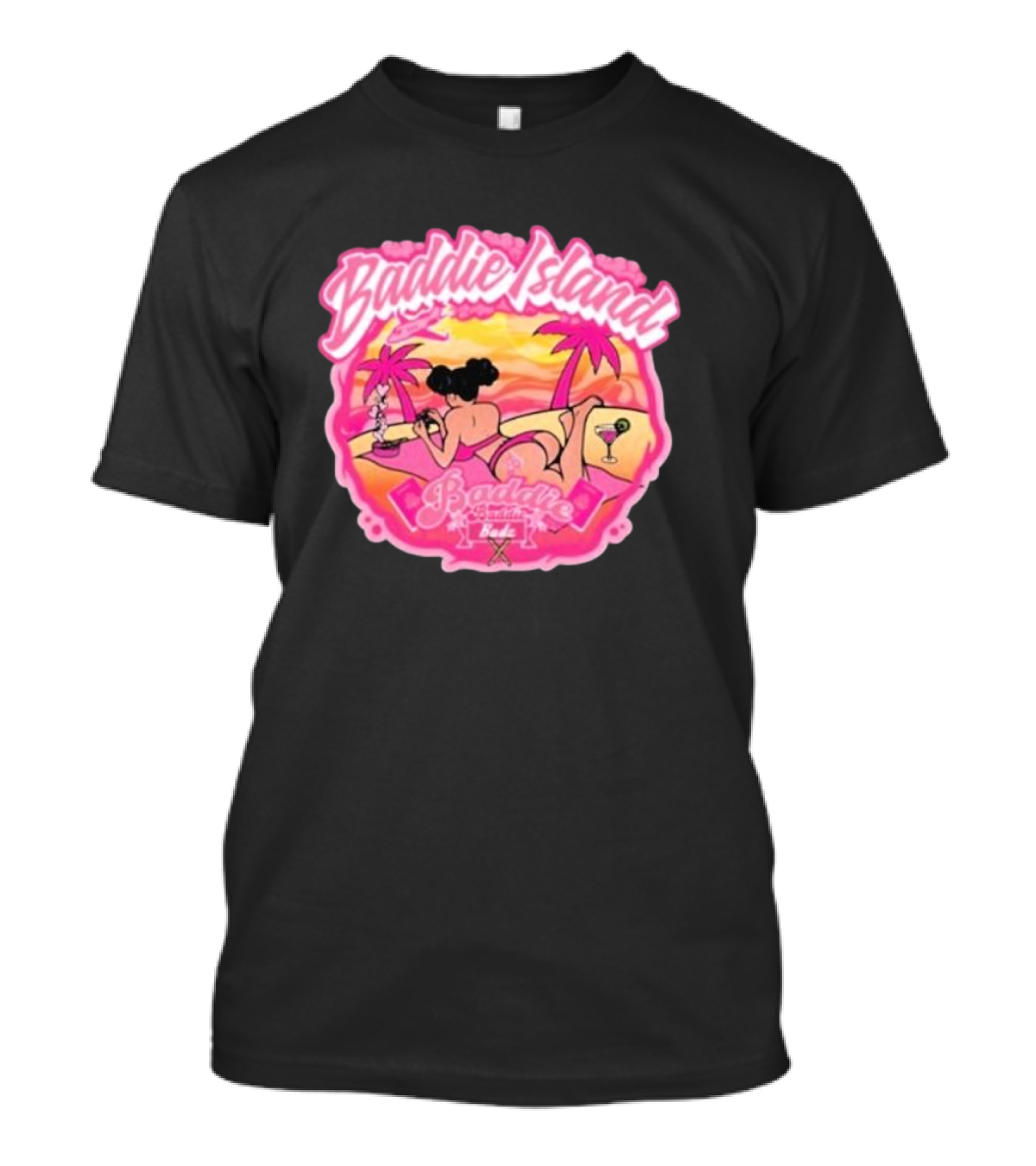 Baddie Island Summer Scene With Palm Trees And Cocktail Imagery - Baddie Budz Vibe T-Shirt