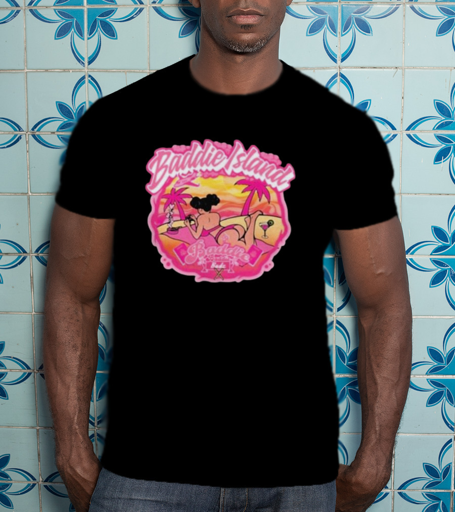 Baddie Island Summer Scene With Palm Trees And Cocktail Imagery - Baddie Budz Vibe T-Shirt