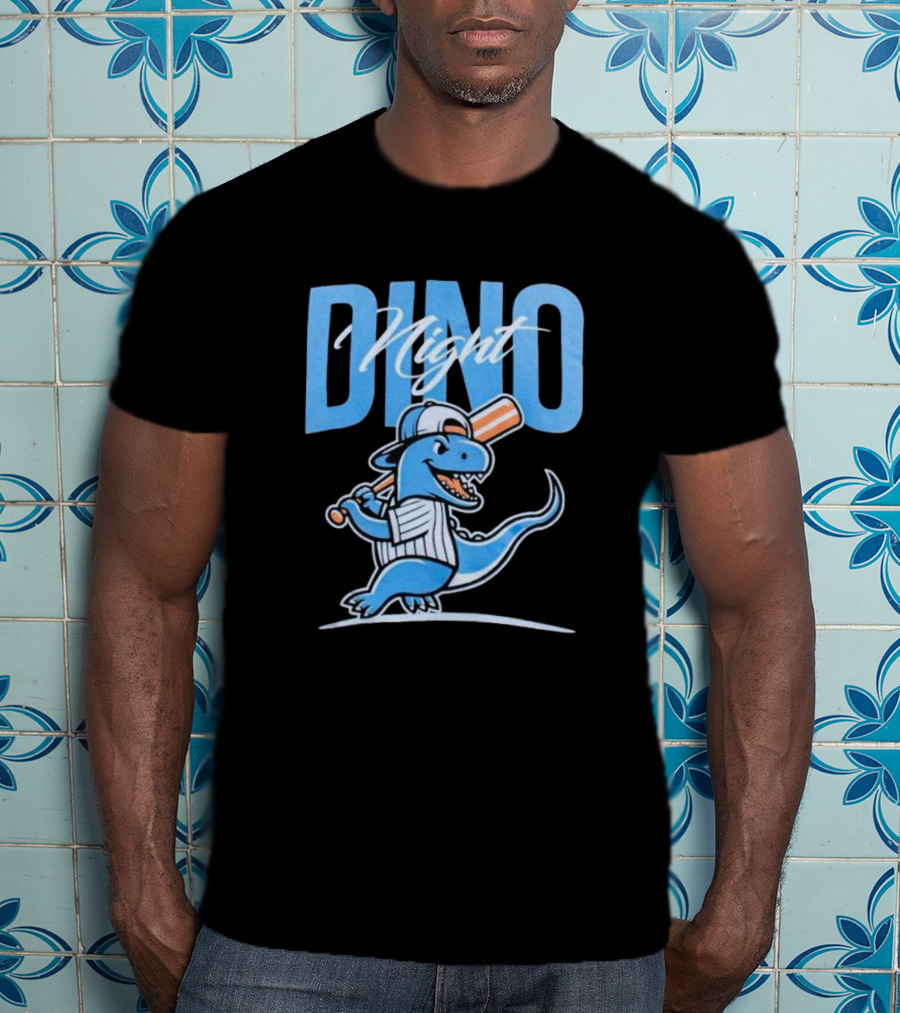 Dino Night Baseball Player Dinosaur In Cap With Bat T-Shirt