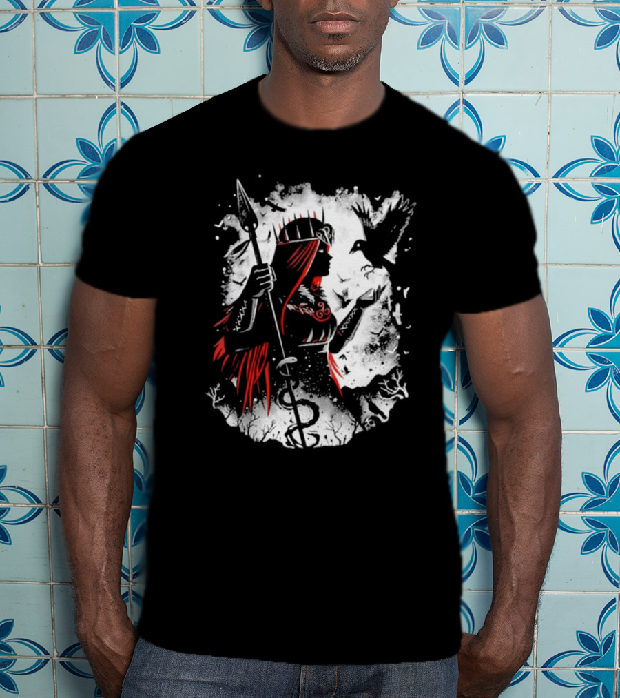 Goddess Of Fate And War With Spear And Raven T-Shirt