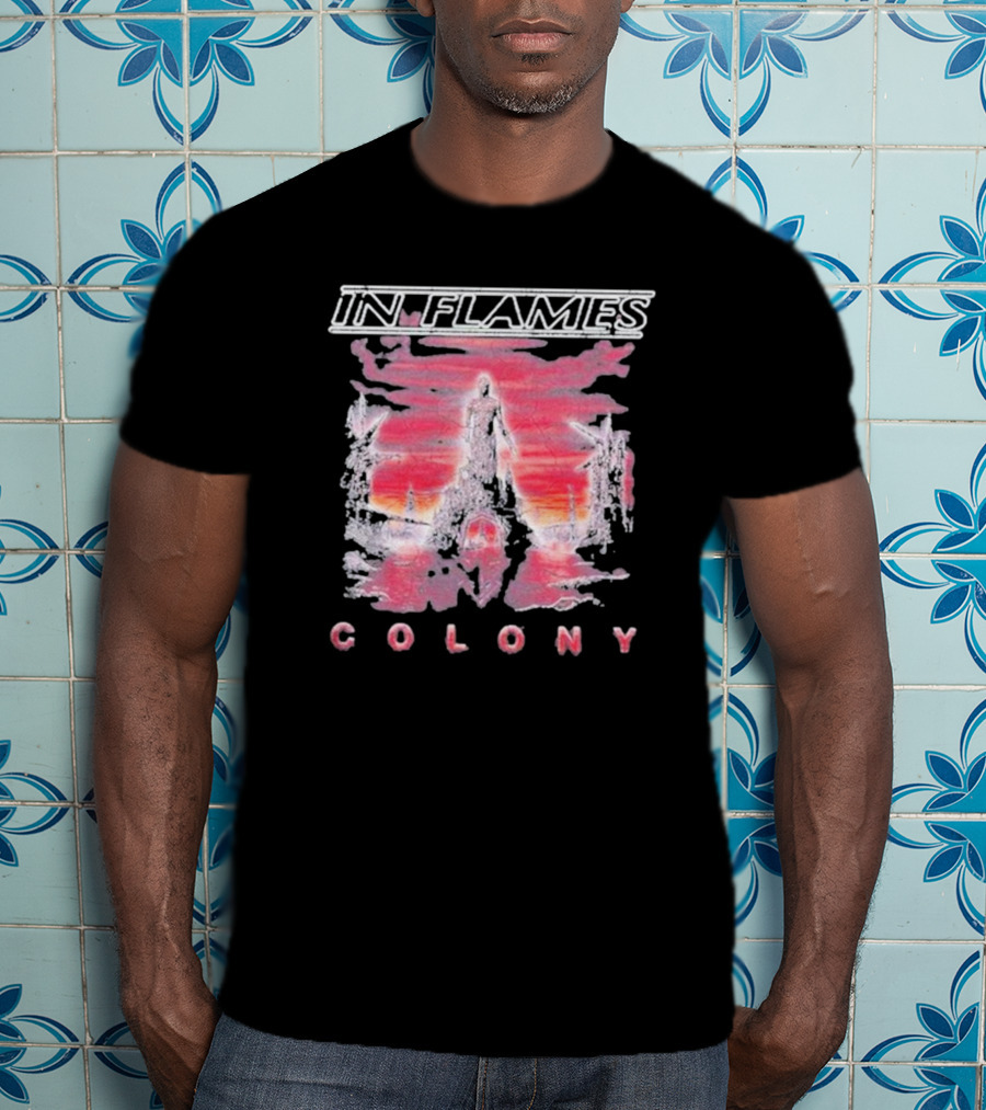 In Flames Colony Silhouette And Abstract Pink Brushstrokes T-Shirt