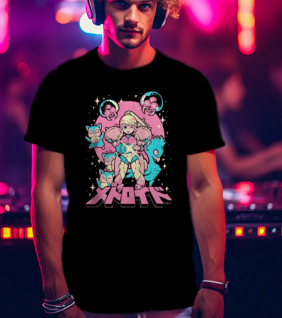 Metroid Pop Art Space Hero Anime Style Pink And Blue Retro T-Shirt