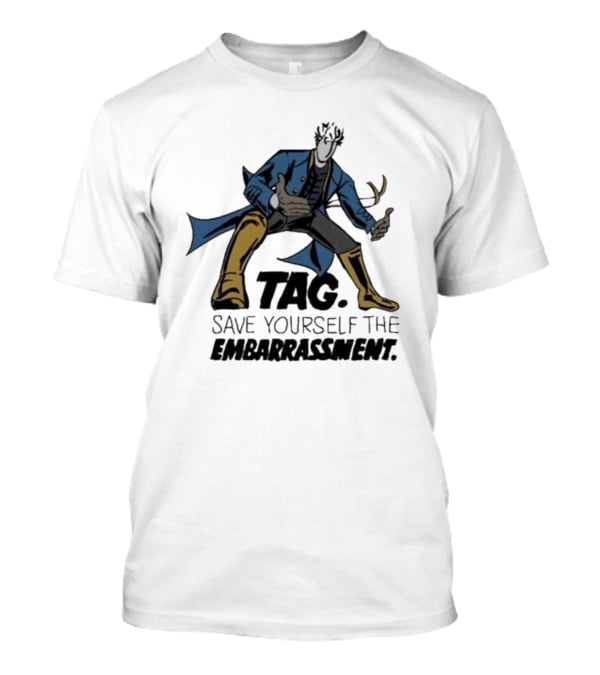 TAG Save Yourself The Embarrassment Mysterious Figure With Blue Coat And Yellow Boots T-Shirt