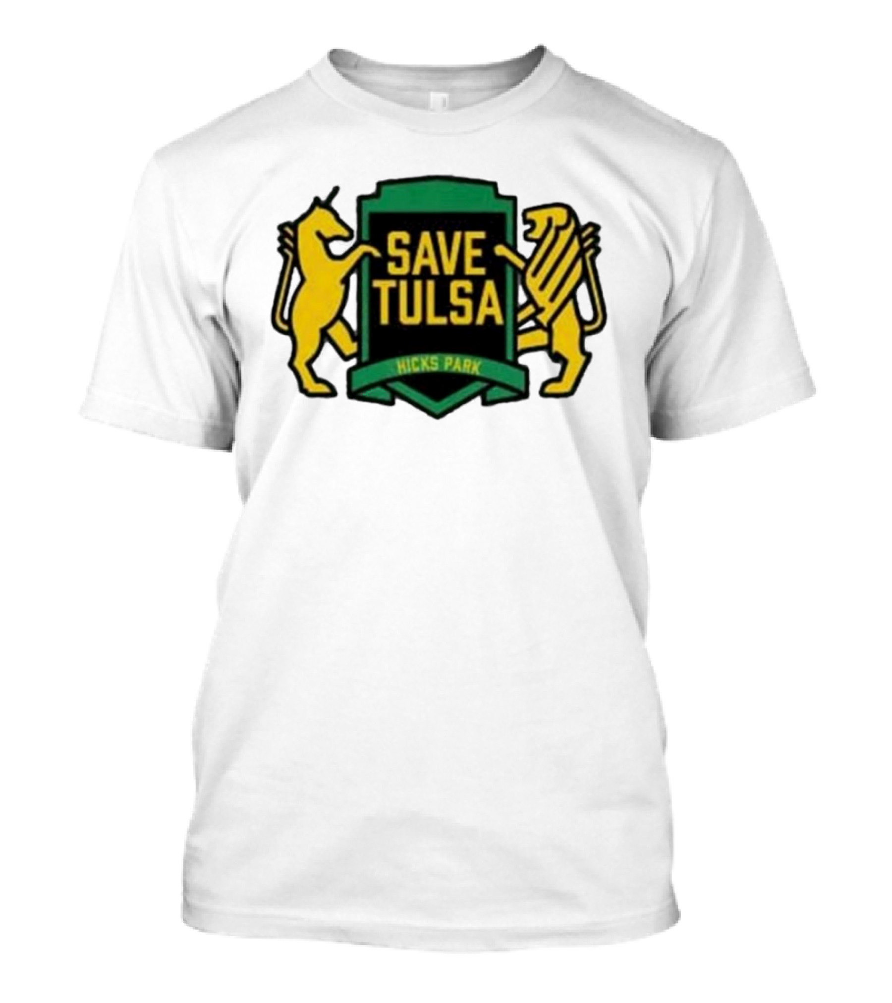 Save Tulsa Kicks Park Yellow Lion And Griffin Shield T-Shirt