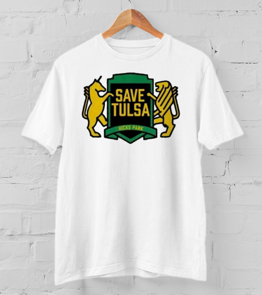 Save Tulsa Kicks Park Yellow Lion And Griffin Shield T-Shirt