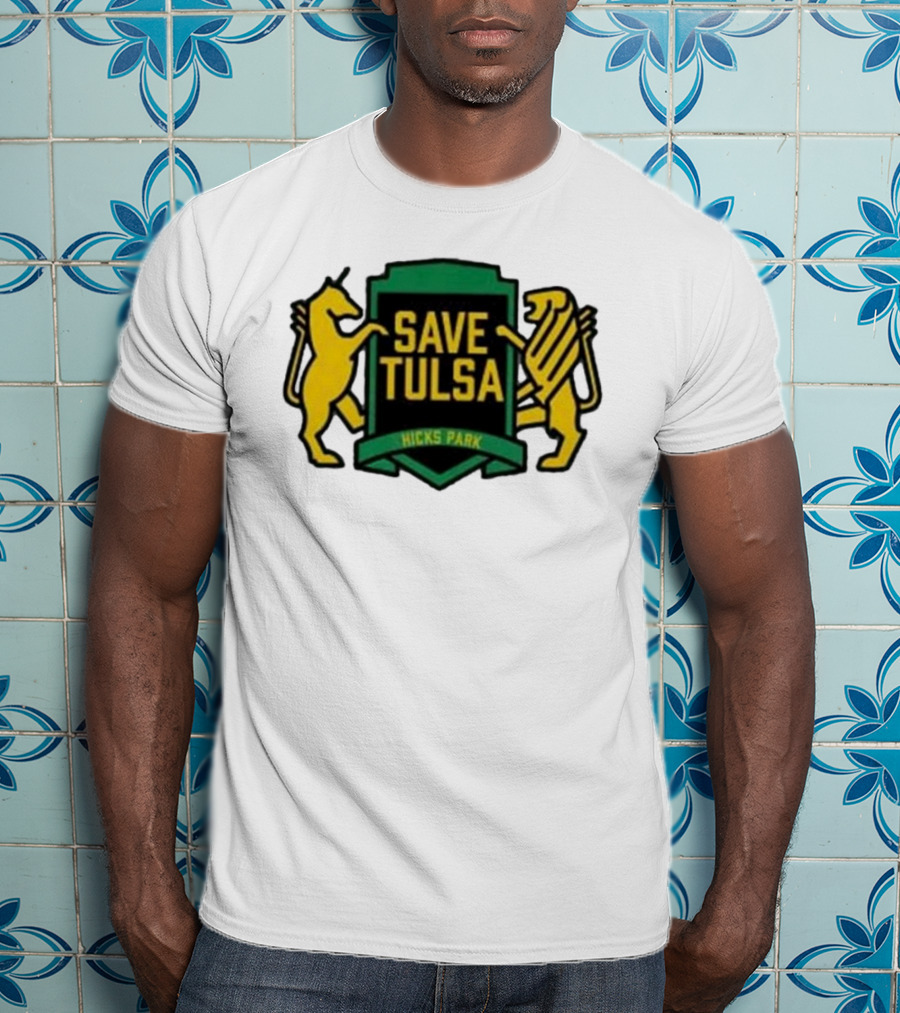 Save Tulsa Kicks Park Yellow Lion And Griffin Shield T-Shirt
