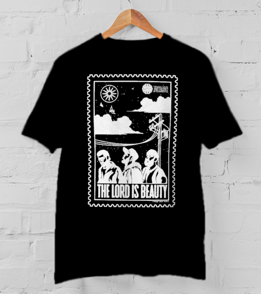 The Lord Is Beauty Three Figures Under Night Sky Clouds Birds Sun And Powerlines T-Shirt