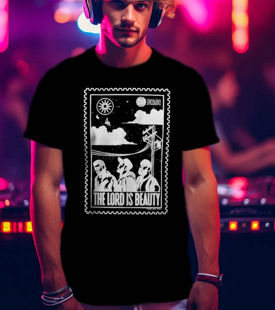 The Lord Is Beauty Three Figures Under Night Sky Clouds Birds Sun And Powerlines T-Shirt