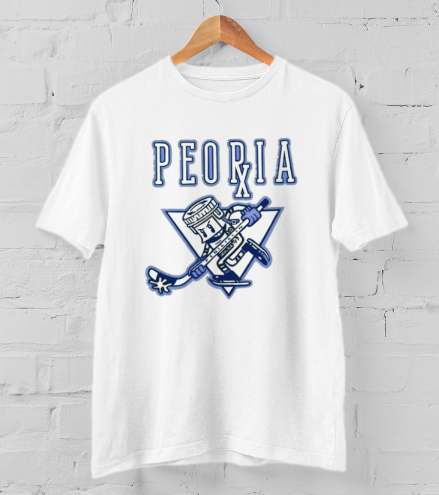 Peoria Hockey Mascot Penicillin Character With Syringe And Hockey Stick T-Shirt
