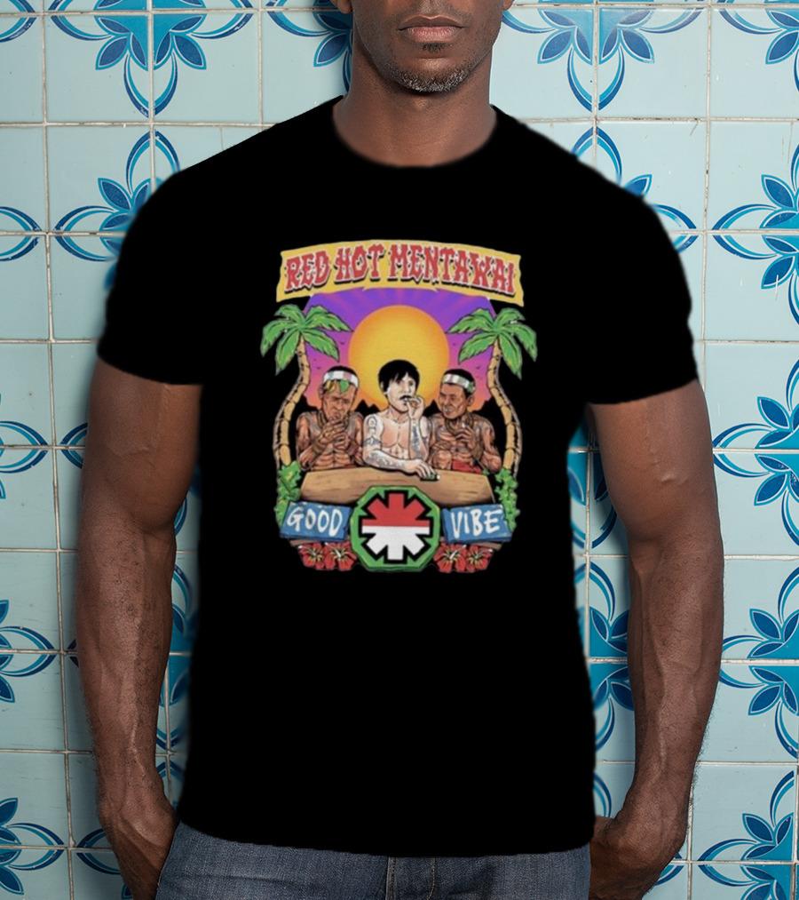 Red Hot Mentawai Good Vibe Sunset Island Scene With Palm Trees And Tattooed Trio T-Shirt