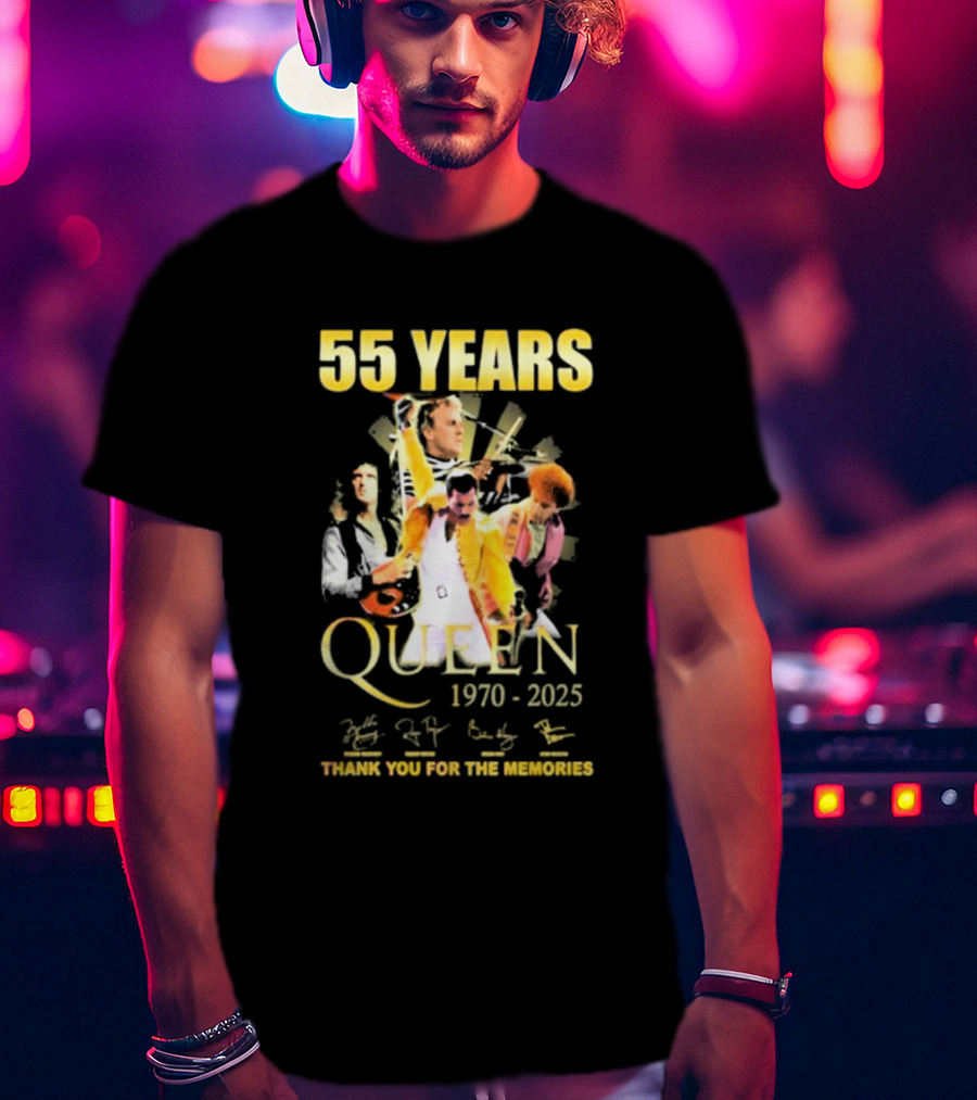 55 Years Queen 1970-2025 Thank You For The Memories Signatures Band Collage T-Shirt