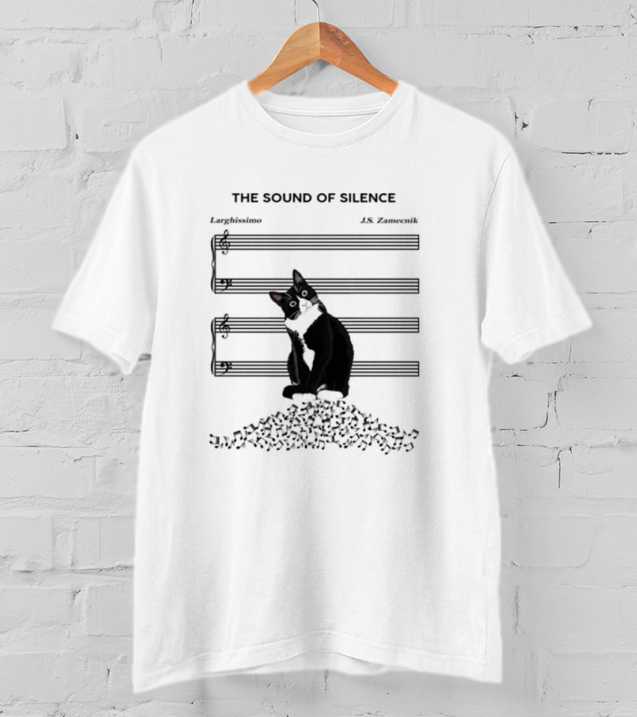 Black Cat Sitting On Music Notes The Sound Of Silence J.S. Zamecnik Larghissimo T-Shirt