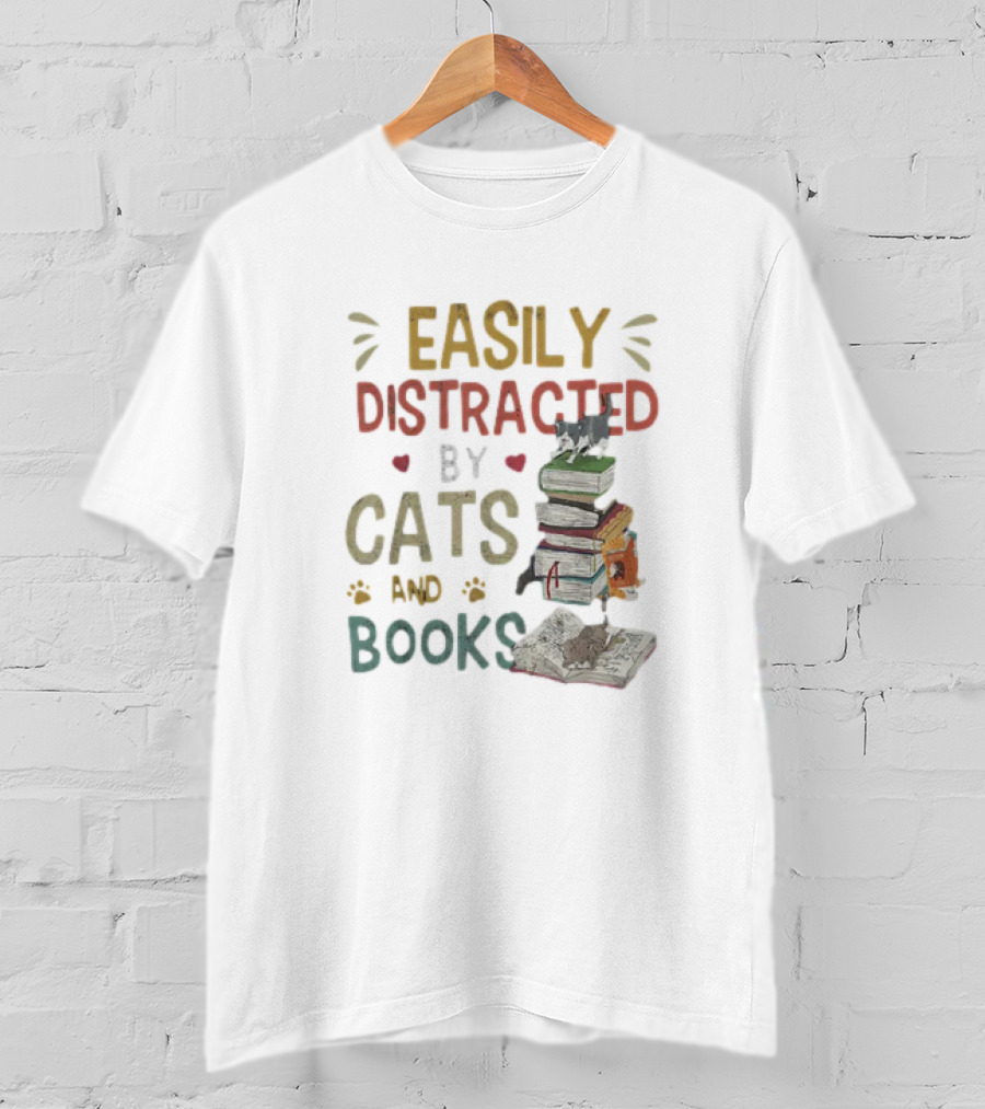 Easily Distracted By Cats And Books Stack Cats 365 Book Lover T-Shirt