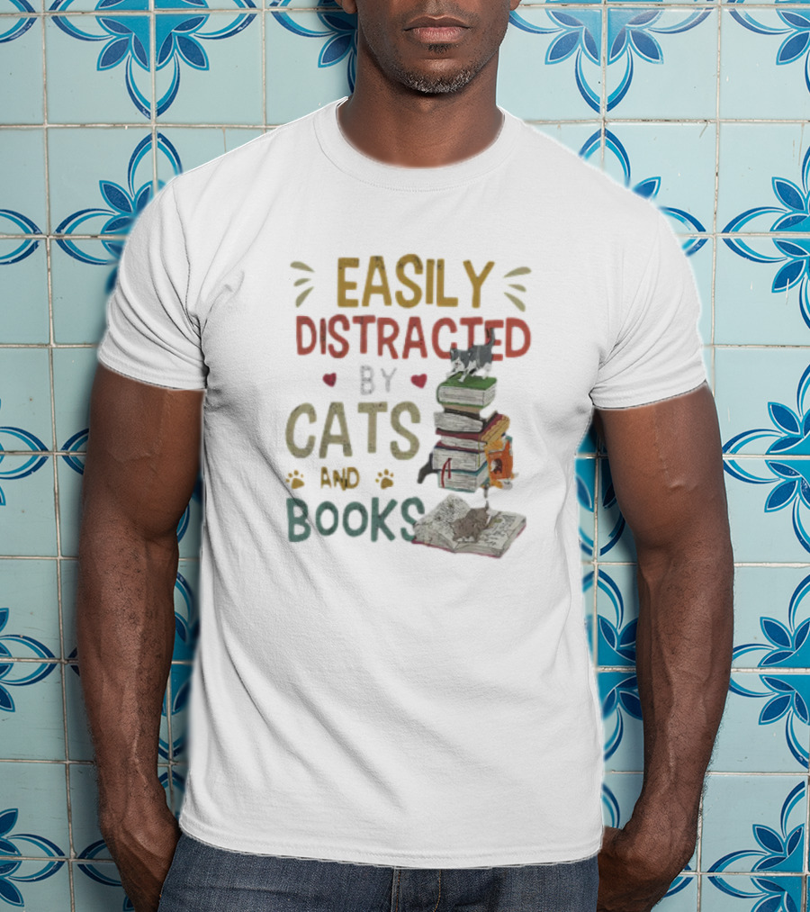 Easily Distracted By Cats And Books Stack Cats 365 Book Lover T-Shirt
