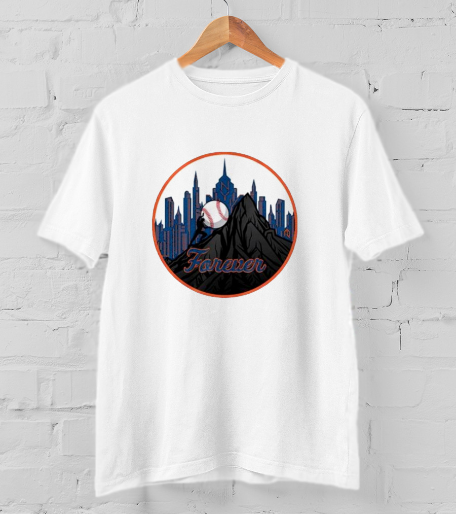 New York Met Fan Forever Skyline Baseball Statue T-Shirt
