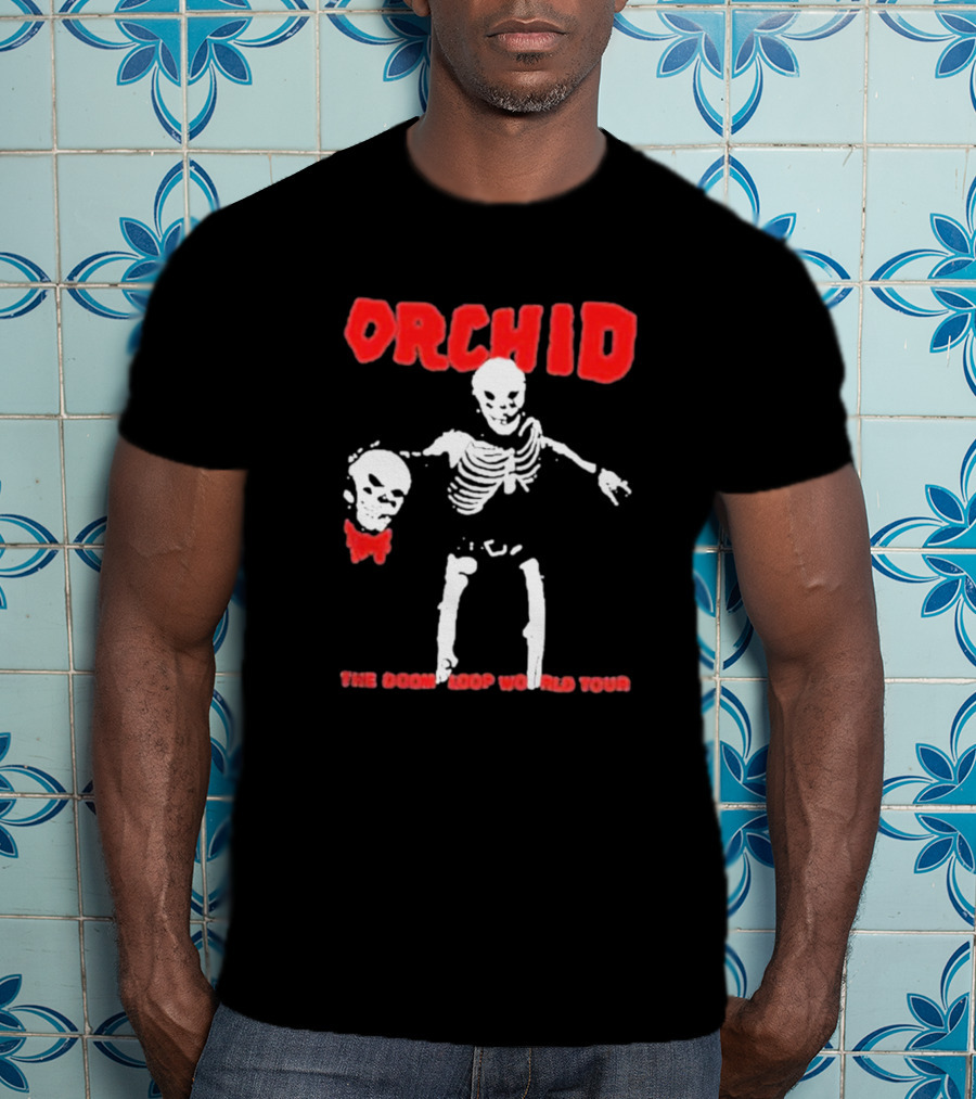 Orchid Skeleton Holding Skull The Doom Loop World Tour T-Shirt
