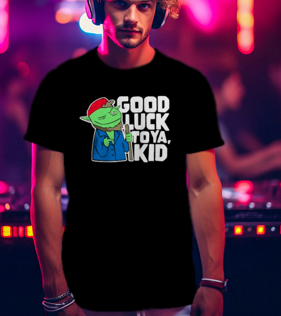 Good Luck To Ya Kid Green Character With Red Hat And Stick T-Shirt