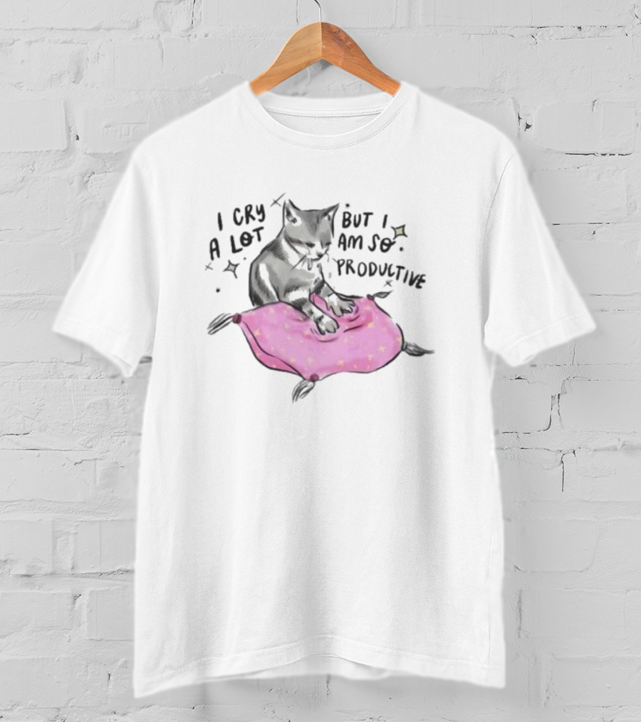 I Cry A Lot But I Am So Productive Funny Cat With Pink Blanket T-Shirt