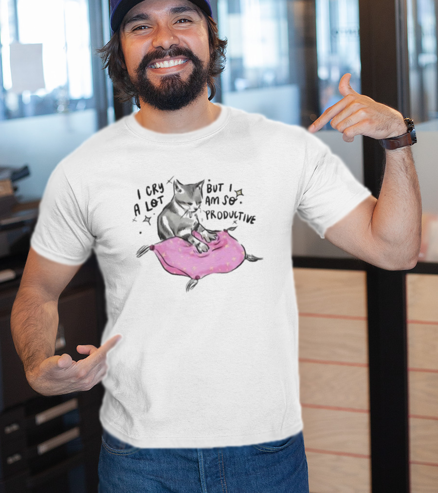 I Cry A Lot But I Am So Productive Funny Cat With Pink Blanket T-Shirt
