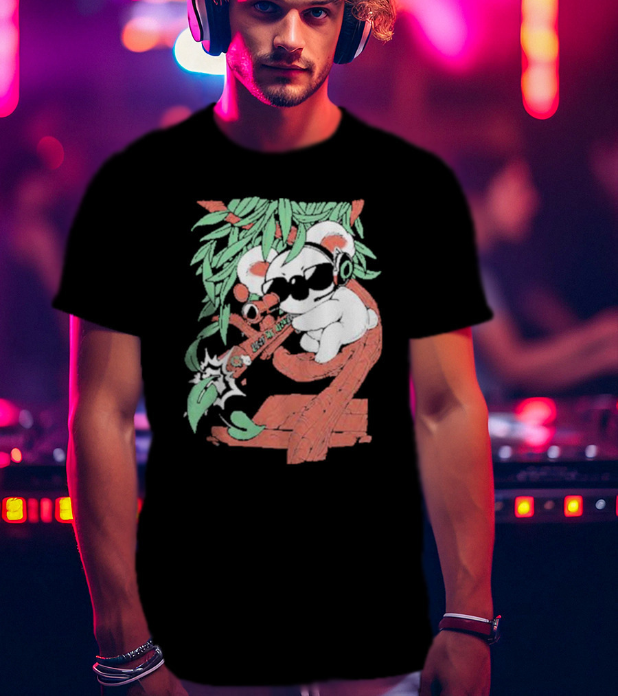 Flyquest Leaf Me Alone Koala Sniper On Tree Branch With Sunglasses And Headphones T-Shirt