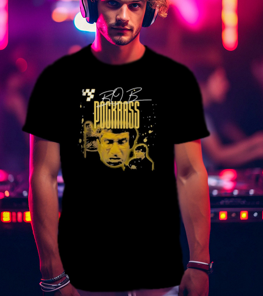 BOB POCKRASS Racing Icon Yellow Portrait Checkerboard Background T-Shirt