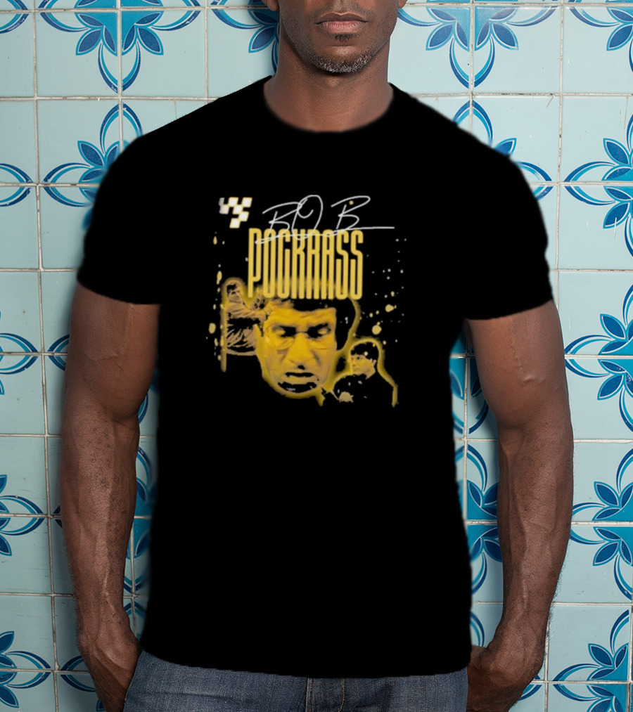 BOB POCKRASS Racing Icon Yellow Portrait Checkerboard Background T-Shirt