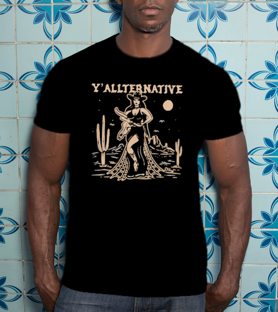Y'allternative Cowgirl Desert Night Scene With Cacti And Mountains T-Shirt