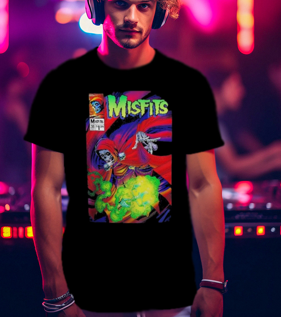Misfits Yesterdays Death Skeleton Comic Cover 31 Skulls Purple Red Green Smoke T-Shirt