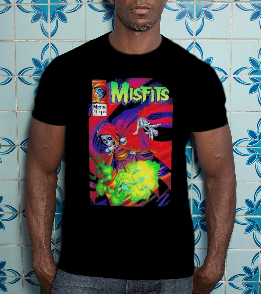 Misfits Yesterdays Death Skeleton Comic Cover 31 Skulls Purple Red Green Smoke T-Shirt