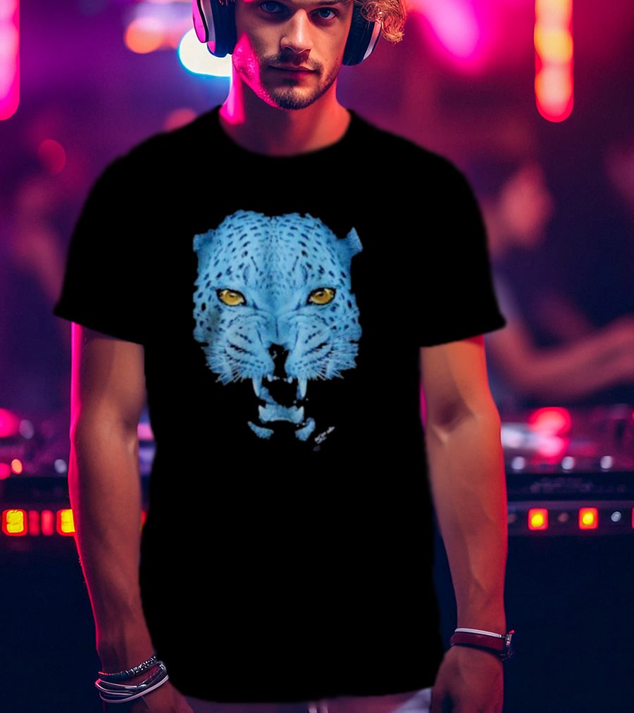 Over Blue Leopard Head With Fierce Yellow Eyes T-Shirt