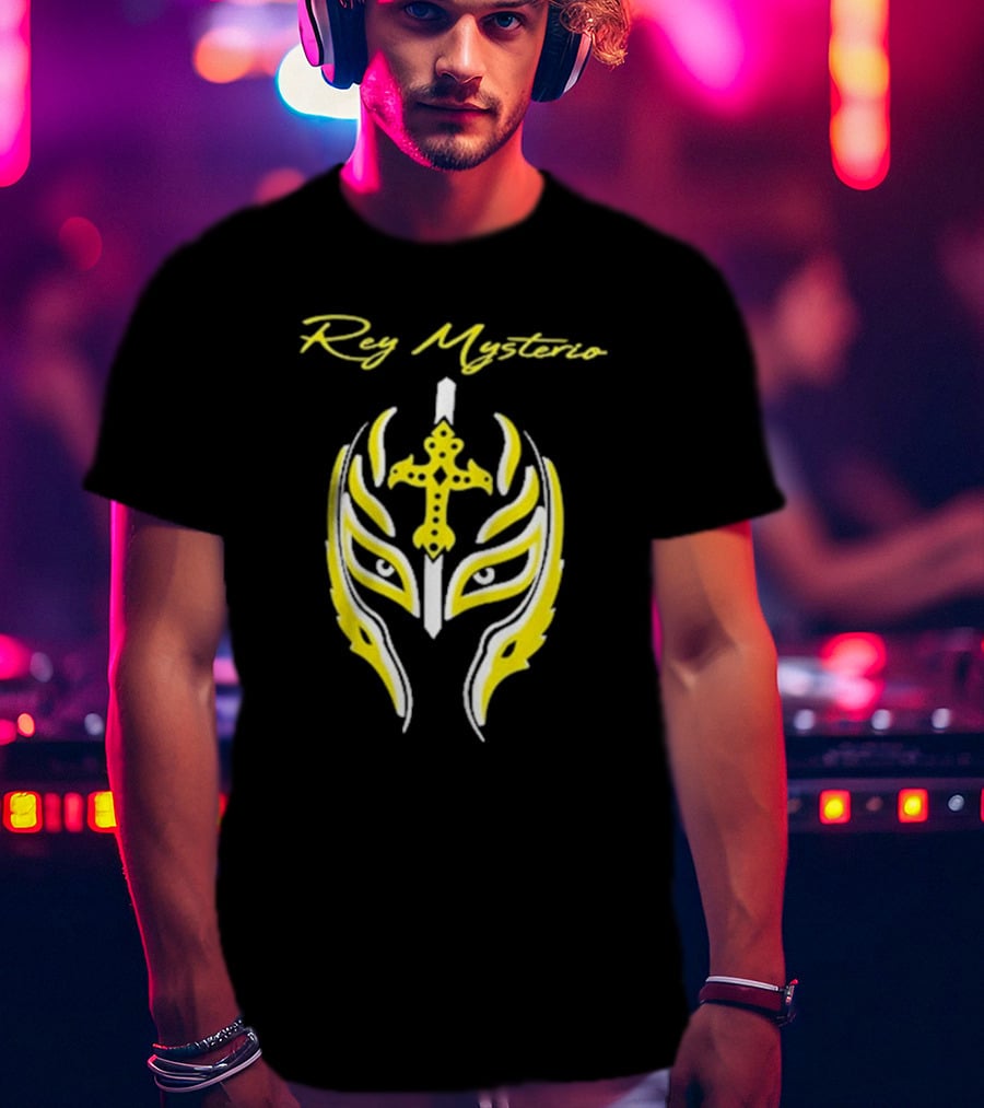 Rey Mysterio Cross Mask Icon With Yellow And White Accents T-Shirt